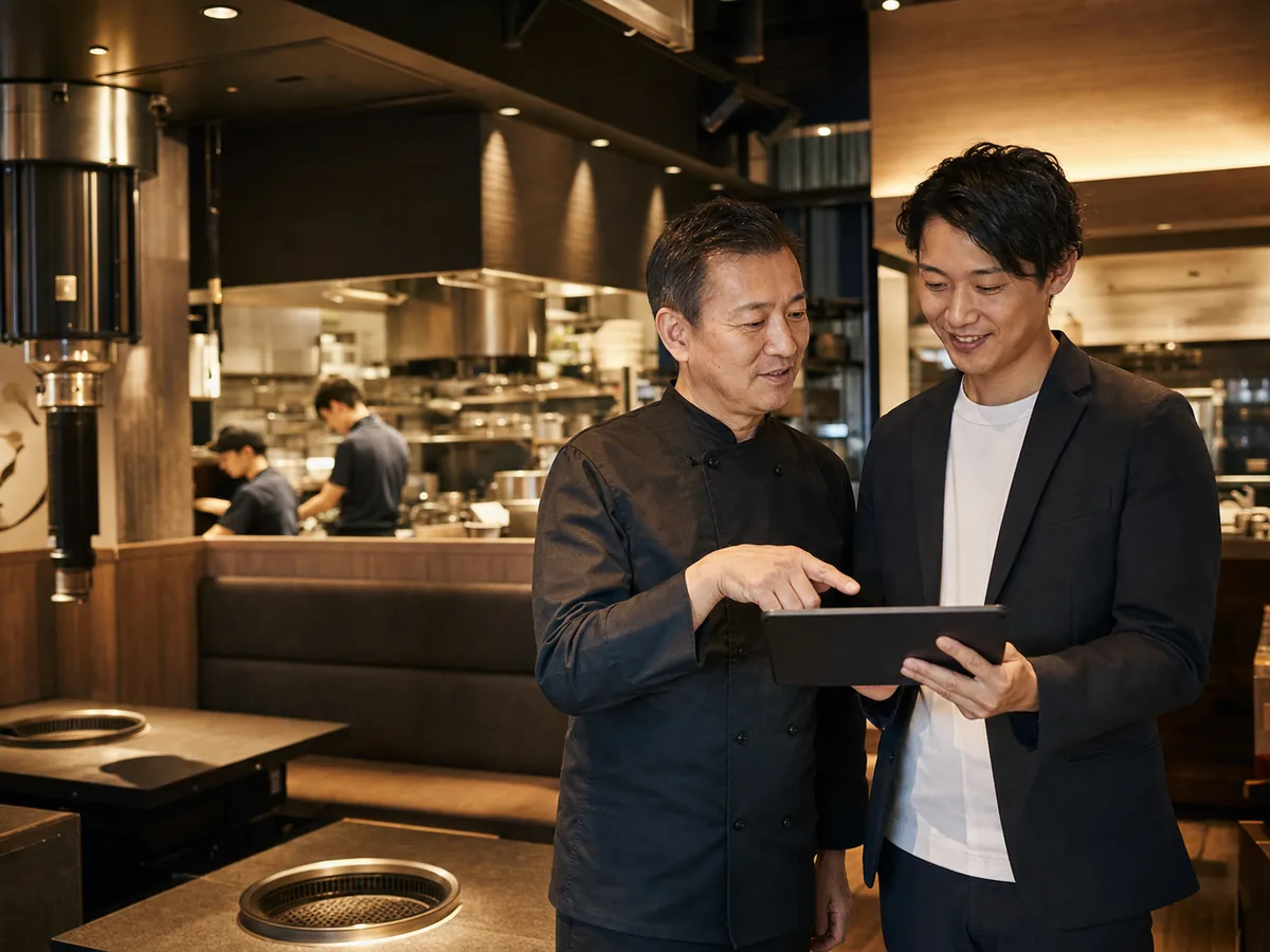 焼肉店の前オーナーと新運営者が店舗設備を確認する様子