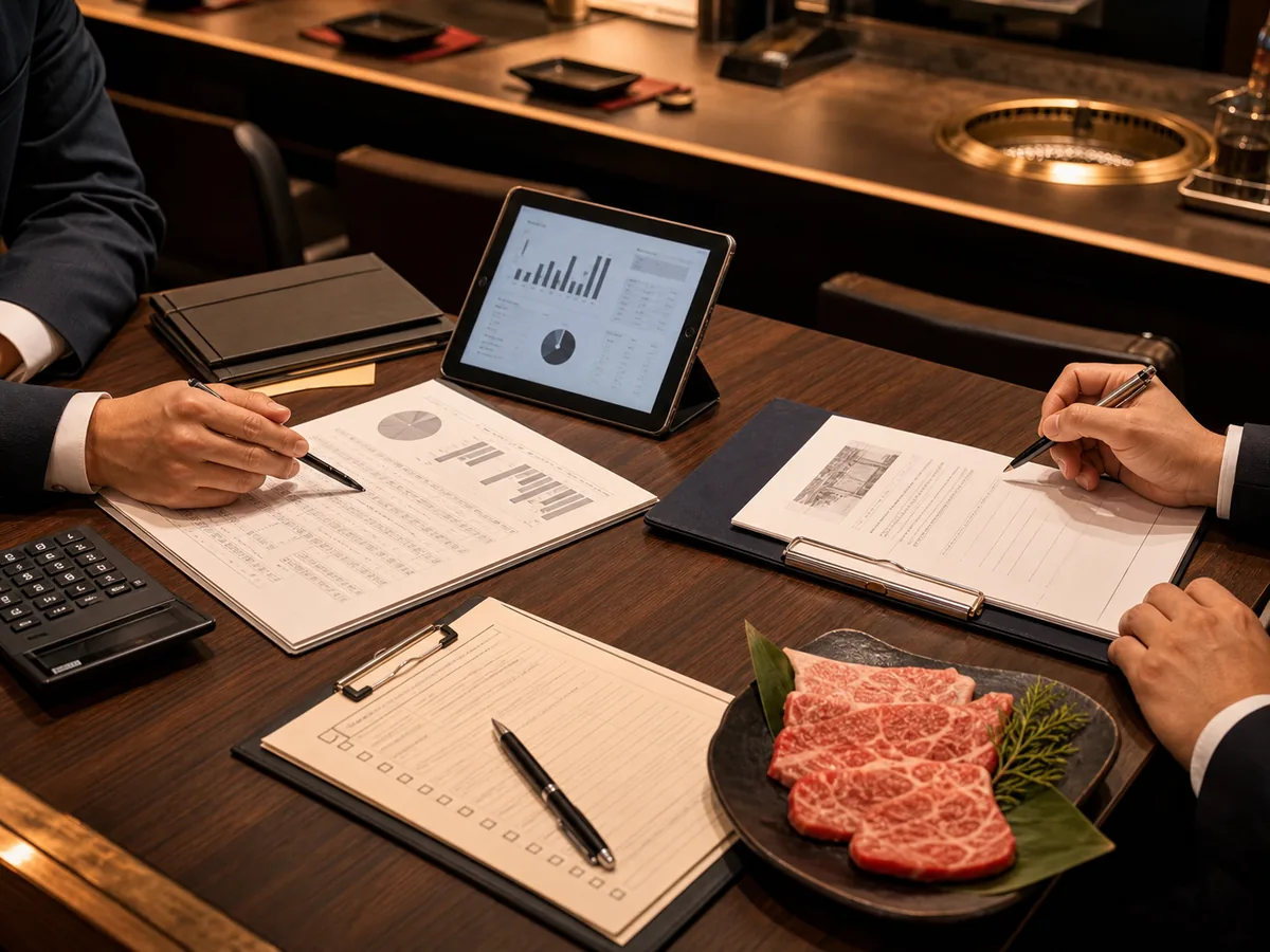 焼肉店M&Aの価値算定資料と店舗運営データを確認する様子