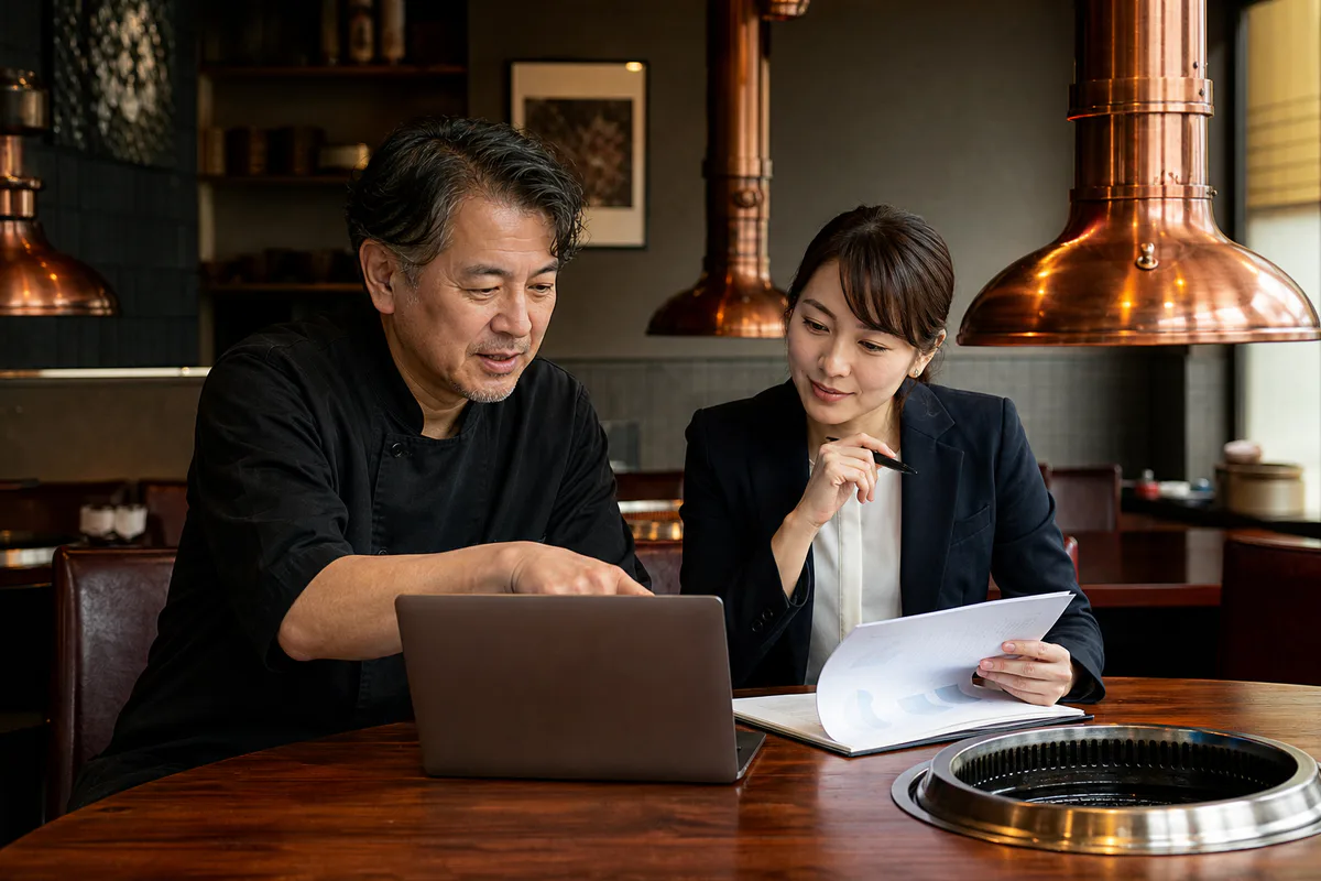 予約データと月次数値を確認する焼肉店主とM&A担当者