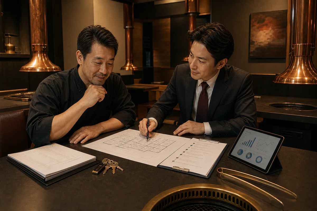 店舗図面や設備一覧を見ながら譲渡準備を整理する焼肉店主と担当者