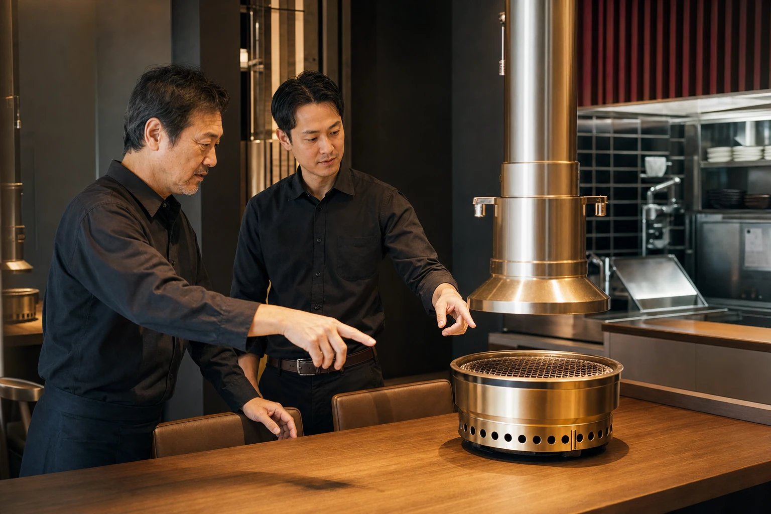 焼肉店のロースターと排煙設備を確認する店主と店長