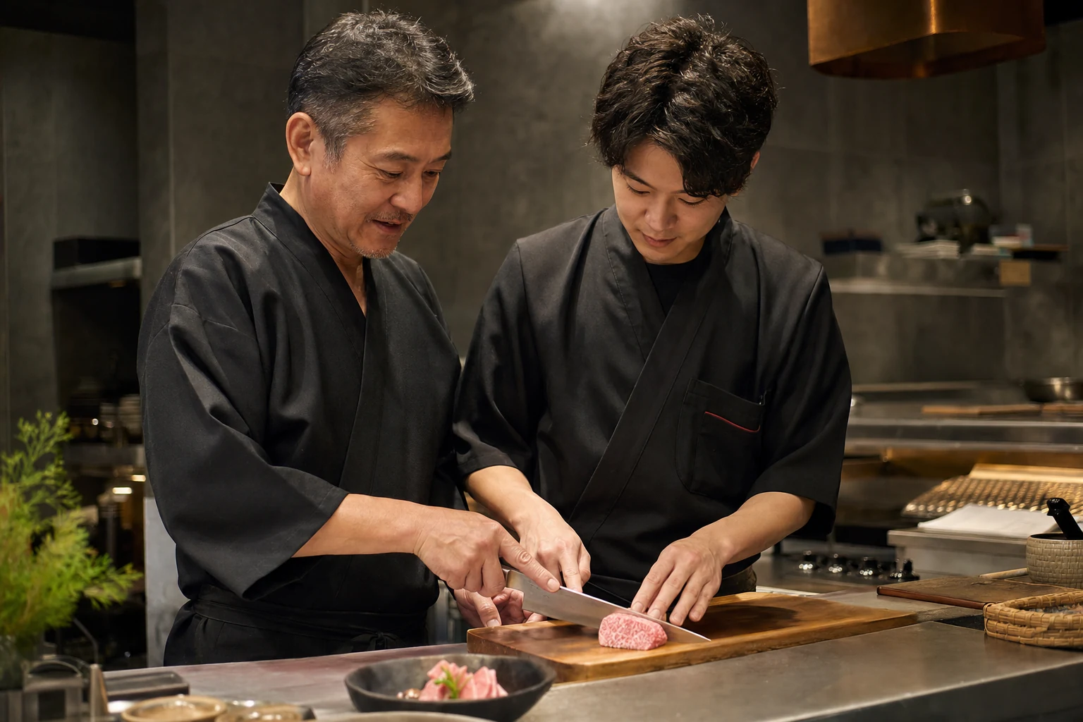 肉の仕込み技術を若いスタッフへ伝える焼肉店主